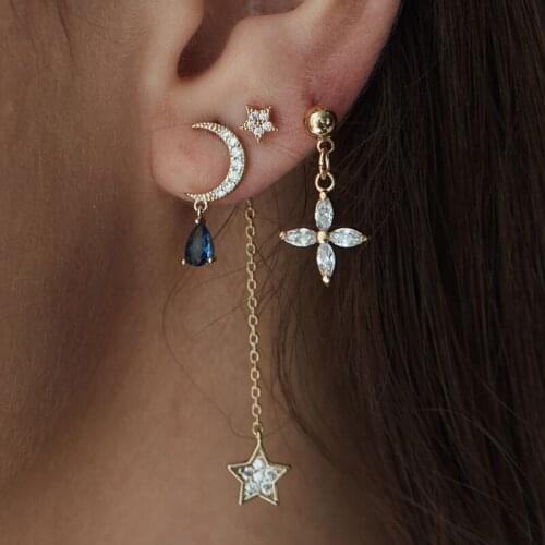 2021 Tear Drop Blue Cz Charm Dangle Earrings 2021 New Design Moon Star White CZ Fashion Trendy Women Dainty Tassel Chain Jewelry