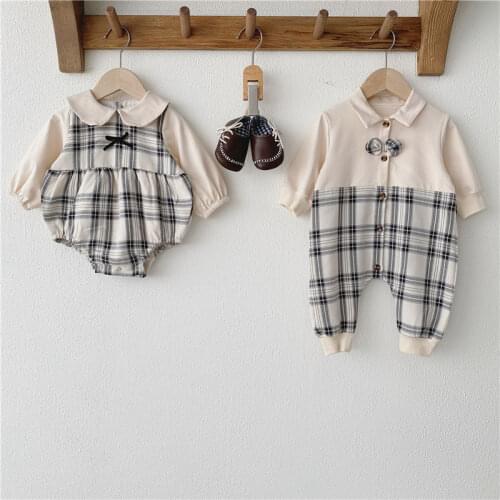 9047 Brother And Sisters Clothes Newborn Bodysuit Autumn New 2021 Baby Boy Plaid Doll Collar Jumpsuit Girl One Piece Clothes