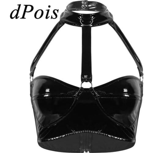 Womens Wet Look Patent Leather Sexy Braltte Halter Neck Strappy Front Backless Wire Free Bustier Bra Tops Female Bra Lingerie