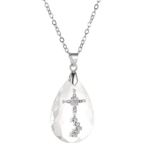 Christain Crystal Cross Pendant Necklace Religious Waterdrop Pendant Chain Necklace Unisex Jewelry Daily Wear Accessories Gift