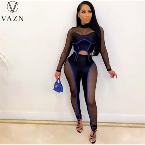 VAZN 2020 Hot Transparent Mesh Fabric Women Long Sleeve Set Tracksuit Sexy Suit Two Piece Set Sport Running Lady Sets