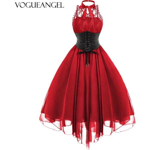 Gothic Medieval Bow Party Dress Women Vintage Black Sleeveless Cross Back Lace Panel Corset Swing Dress Robe Vestidos Femme 5XL