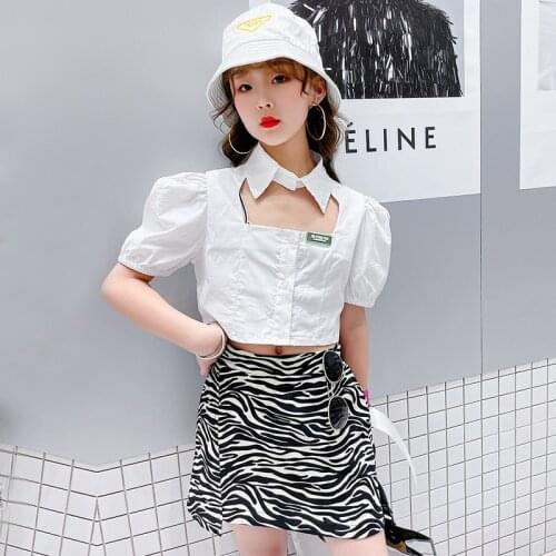 Teenage Girls Personalized Shirt Set 2021 Summer Childrens Puff Sleeve Shirt + Girls Leopard Print Skirt Street Skirt 2PCS