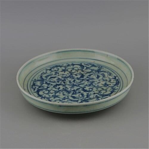 Late Qing Dynasty Handmade Porcelain Blue and White Tangled Lotus Flower Pattern Tea Tray