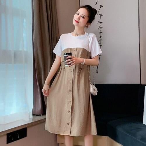 497# Maternity Clothes Summer Cotton Patchwork False Two Pieces Short Sleeves Loose Stylish Dress Pregnant Women Mom Dress