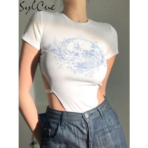 Sylcue Summer new 2021 street joker slim hot body suits girl short sleeve T shirt joker female jumpsuit Beach leisure vacation