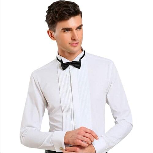 Mens French Cuff Tuxedo Shirt en Long Sleeve Dress Shirts Solid Color Wing Tip Collar Shirt MFormal Wedding Bridegroom Shirt