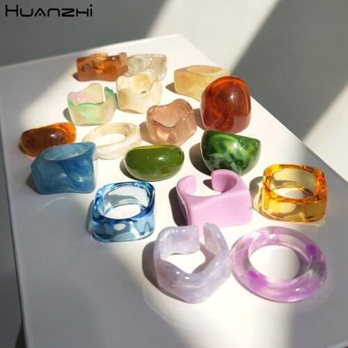 HUANZHI 2021 New Colorful Transparent Resin Minimalist Acrylic Blooming Geometry Rings Set for Women Girls Jewelry Party Gifts