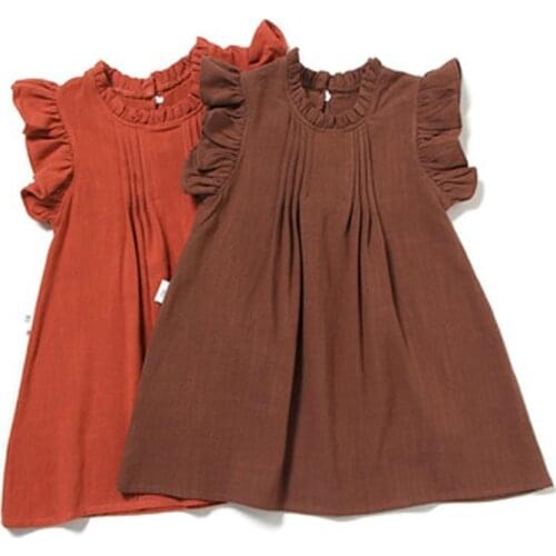 New Summer Dress Cute Ruffle Sleeveless Solid Color Princess Dresses Cotton Linen Kids Clothes Girls Dress 1-5Y