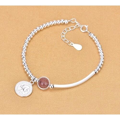 925 Sterling Silver Strawberry Crystal Round Bead Charm Statement Bracelet &Bangle For Women Wedding Jewelry SL112