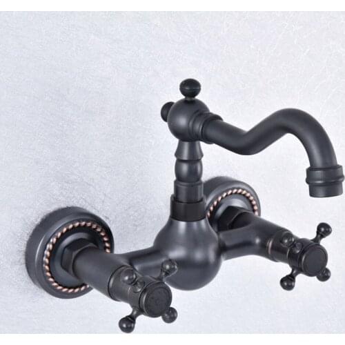 Kitchen Wet Bar Bathroom Vessel Sink Faucet Black Oil Rubbed Brass Wall Mounted Swivel Spout Mixer Tap Dual Cross Handles msf724