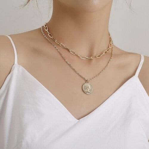 Bohemian Multi-layered Portrait Coin Necklace for Women Gold Geometric Round Lock Pendant Necklaces Sweater Jewelry
