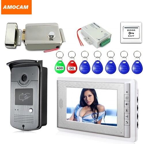 7" Screen Video Door Phone System Video Doorbell door Intercom Kits with Electric Lock+ Power Supply+ Door Exit + RFID Keyfob
