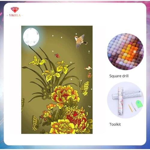 YIKELA DIY Full Square Moonlight Flower Peony Diamond Painting Mosaic Diamond Rhinestone Embroidery Cross Stitch Home Decor Gift