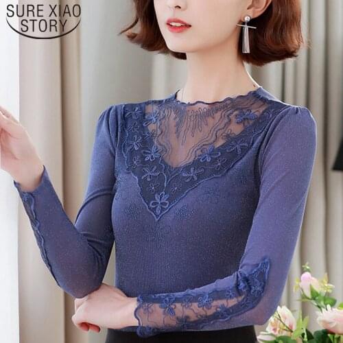 Blusas Mujer De Moda 2021 New Spring Autumn Long Sleeve Semi-high Collar Lace Base Shirt Womens Tops and Blouses 6600 50