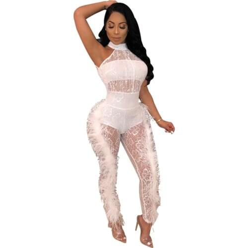 Women Sexy Sheer Lace Jumpsuit Black See Through Mesh Bodysuit Floral Feather Bodycon Long Jumpsuit Night Club Party Rompers
