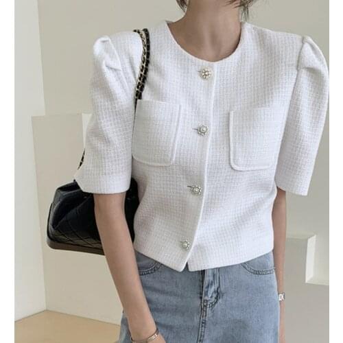 Summer Short Sleeve Tweed Jacket Women Korean Chic Temperament O-neck Single Breasted Tops Solid Loose Thin Coats Femme