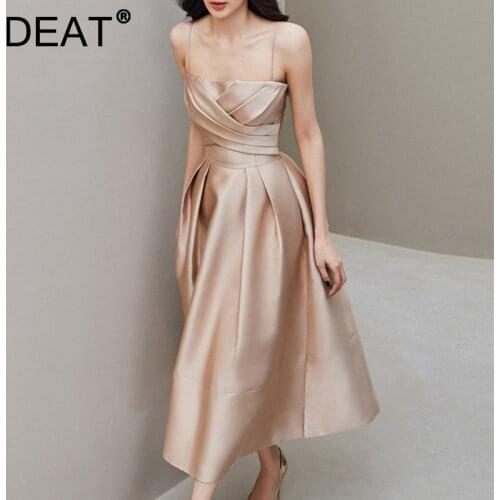 DEAT Woman Strapless Dress Crossing Spaghetti Strap High Waist Elegant Fashion Dresses Formal Style 2021 New Summer 15XM446