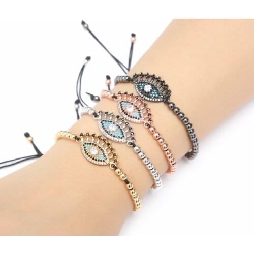 Gold silver micro pave cz Cubic Zirconia rope adjusted Copper Beads Bracelet eye df2 Charm Braided Bangles Women