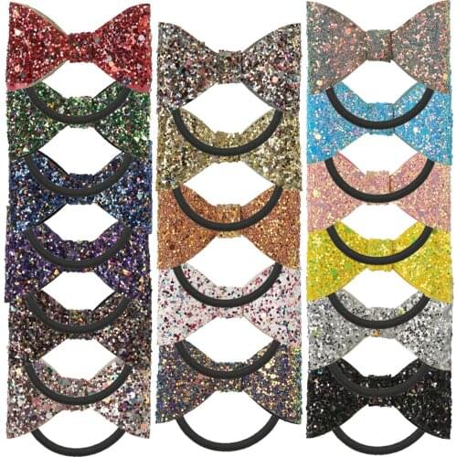 17pcs/lot Giltter Mini Bows With Black Elastic Bands Blingbling Hair Bows Hairbands Girls Ponytail Holder