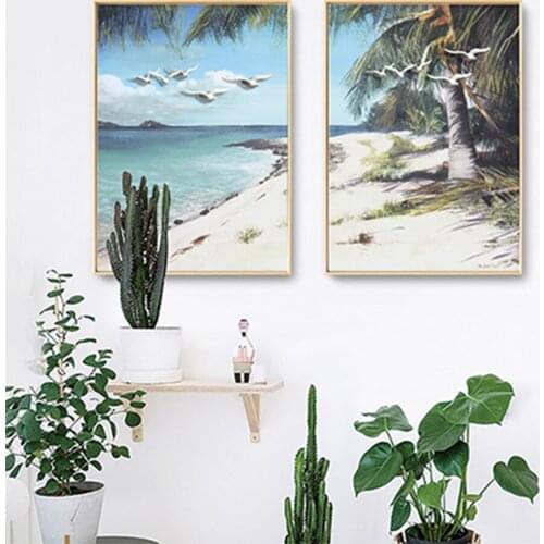 2 pcs Canvas Painting Wall Poster Sea Beach Seascape Nature Art Painting Picture Modern Print Tropical Coco Seagull Wall Decor