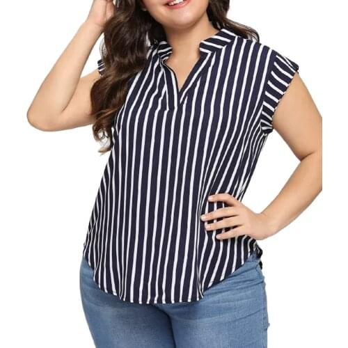 4xl Plus Size Sleeveless Blouse Stripe Print Womens Shirt Casual V-neck Top Summer Fashion Blouses Shirts For Woemn Blusas Mujer