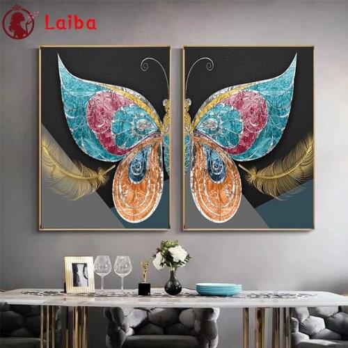 DIY Diamond Painting Abstract colorful butterfly with golden feathers Diamond Mosaic Full Drill Cross Stitch Handmade Hobby2PCS