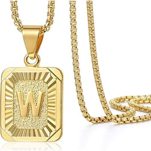 Square Capital Initial Letter Charm Pendant Necklace for Men Women Box Stainless Steel Chain 22inch Letter Necklaces