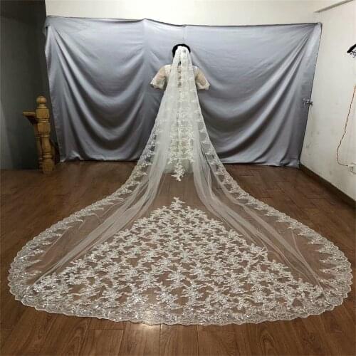 Real Image Cathedral Length Bridal Veils 3m 4m 5m Lace Vestido De Noiva Longo Wedding Veil Ivory White Veil With Free Comb