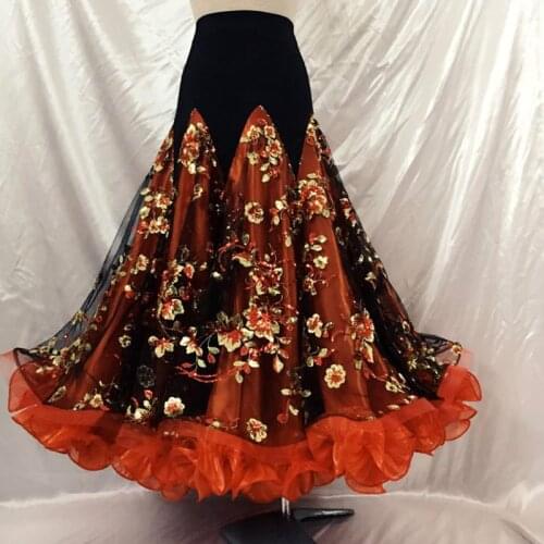 Customized Ballroom Dance Big Swing Skirt Sequins Printed Waltz Tango Competition Skirt Women Ballroom Dancing Skirt DL5273