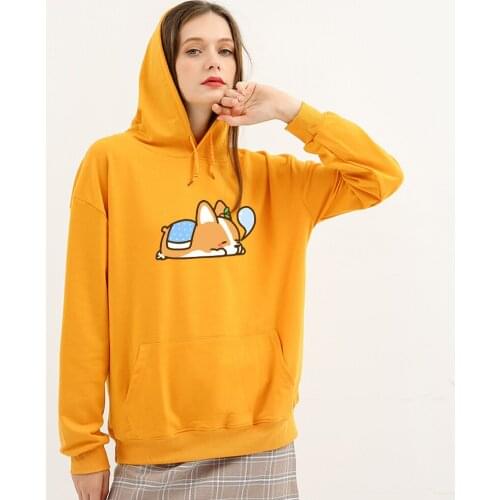 Korean Kpop Hoodie Cartoon Sweatshirt Women Thin Hoodies Corgi Print Cute Jumper Thin Cotton Autumn Female Streetwear Tops
