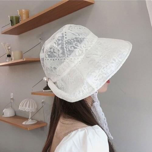 Lace Black White Cute Hats For Women Summer Floral Beach Cap Holiday Sun Visor Wide Brim Floppy Hat Girl Lolita Hat Straw Hats