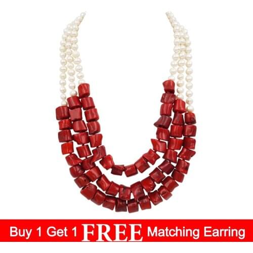 LiiJi Unique Natural Freshwater Pearl 7-8mm Dye Red color Coral 3 Rows Necklace Stone Toggle Clasp 52cm/21