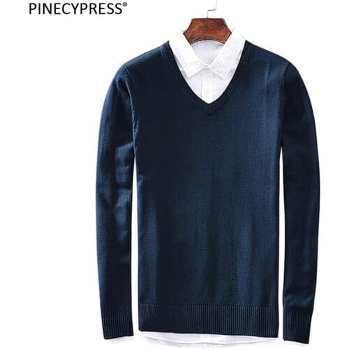 100% Cotton Anti-static Anti-pilling Soft Man Long Sleeve Full Knitted Pullover Solid Navy Blue Knitwear V-Neck Men Sweater