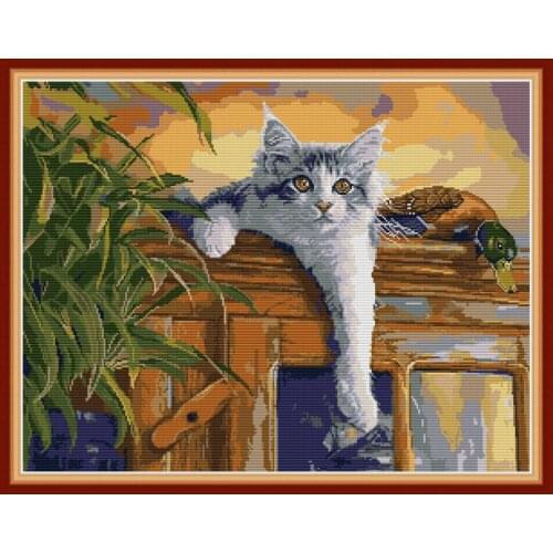 Cat and duck cross stitch kit aida 14ct 11ct count print canvas cross stitches needlework embroidery DIY handmade