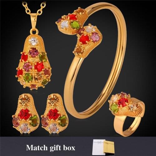 Gold Color Jewelry Set For Women Pendant Necklace Bracelet Ring Earrings Trendy Austrian Crystal Jewelry Sets PEHR1197