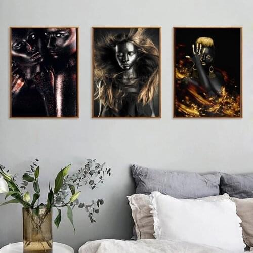 African Art Black Gold Woman Canvas Painting Living Room Bedroom Poster Home Decor luxury Figure Scandinavian Wall Painting