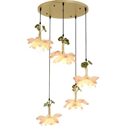 14" Glass Lotus Dining Room Pendant Lights Golden Body Chain Glass Fish Scale Leaf Study Room Pendant Lamps Corridor Hallway