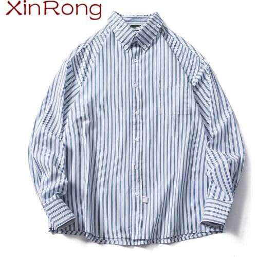 Spring and autumn new style Japanese and Korean retro street mens shirt loose striped tooling daily casual lapel fashion shirt