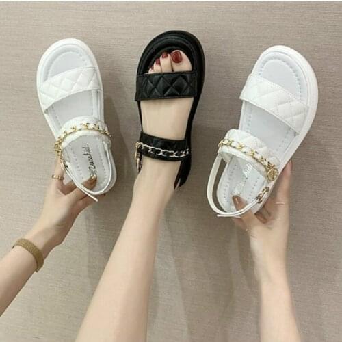 Leisure Summer New Women Sandals Solid Fashion Buckle Strap Back Strap Wedges Word Deduction Chain Med (3cm-5cm) Thick Bottom