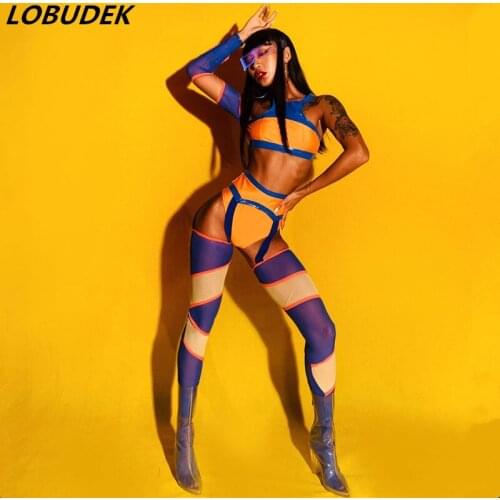 Sexy DJ DS Performance Clothes Orange Blue Split Set Nightclub Bar DJ Singer Dance Team Stage Wear Festival Party Dance Costume