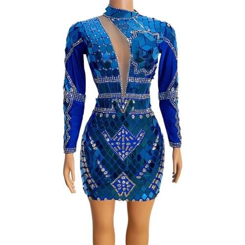 Sexy Mirror Sequins Dress Women Singer Host Stage Costume Cocktail Party Elastic Rhinestones Evening Dresses Rave Outfit VDB3978