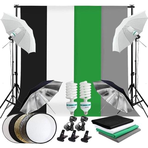 ZUOCHEN 6.6ft x 10ft Background Support System with 1.6x3M White Bluck Green Gray Backdrop 135W Umbrellas For Indoor Photography