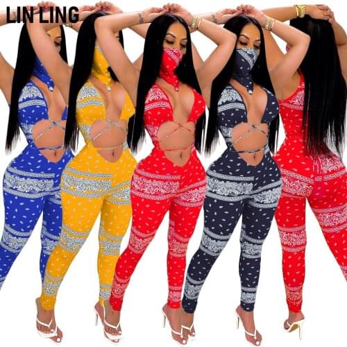 LINLING Sexy Printing Bandage Hollow Open Belly Sleeveless One-piece Pants with Triangle Scarf Two-piece