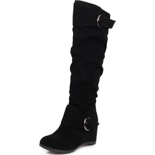 Flock Versatile Non-Slip Wear-Resistant Knee-Length Boots TPR Belt Buckle Wine Red Plush Boot Wedge Inner Heightening Warm Shoes