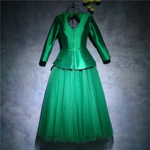 In Stock Long Sleeve V-Neck Dress For Graduation Prom Party Dresses Green Taffeta Vestido de noche Robe de soiree 16419