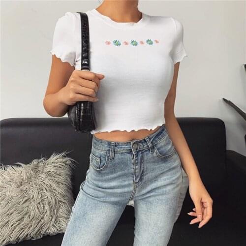 Women Fashion Short Sleeve Flower Embroidery T-shirt Round Neck Summer Crop Tops
