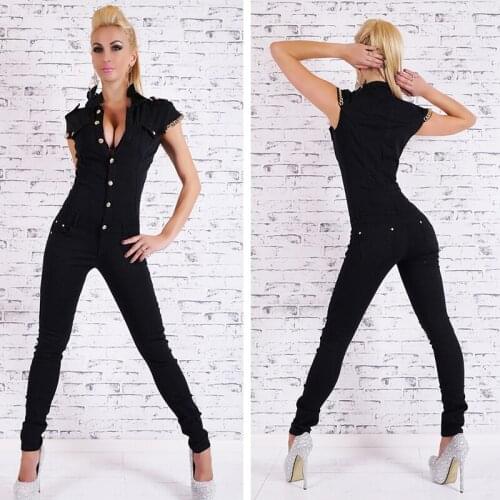 New Denim Jumpsuit Buttons Chain Black Overalls for Female Women Sexy Deep V-neck Jean Jumpsuits 2021 Autumn Bodycon Long Romper