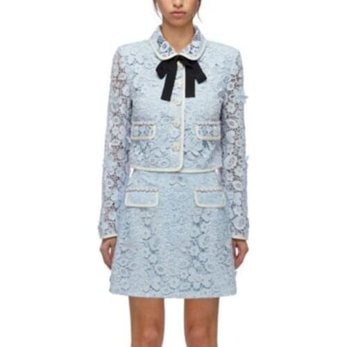 Women Crop Top and Skirt Set 2021 Spring Autumn New Designer Bows Appliques Lace Short Blouse Jacket + A line Skirt Suit Set