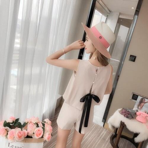 2021 New Summer Bowknot Vest Solid Color Ladies Two-piece Suit Fashion Sleeveless Round Neck Pearl Top with Zipper Female Shorts